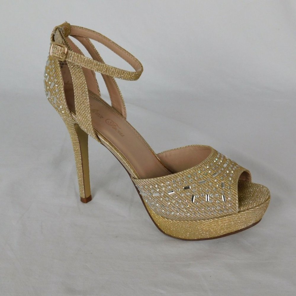 Fashion Focus Women Size 10 Gold Colored Rhinestone Peep Toe 5" Heel 1.5" Platfo - Picture 6 of 12
